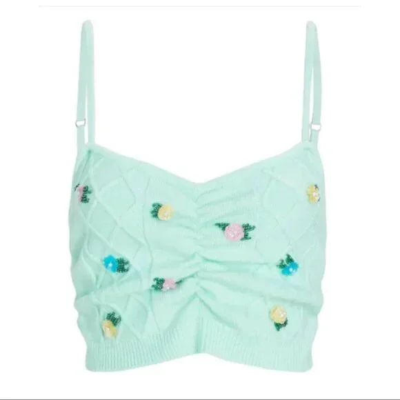 NWOT For Love & Lemons Sutton Floral Knit Sweater Cami Top Soft Pastel Green